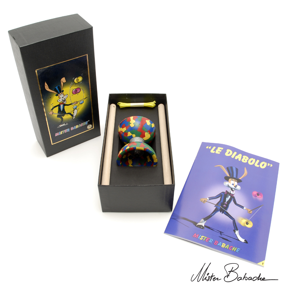 Diabolo ARLEQUINO (wood handsticks, string, booklet) - red/yellow/blue/green